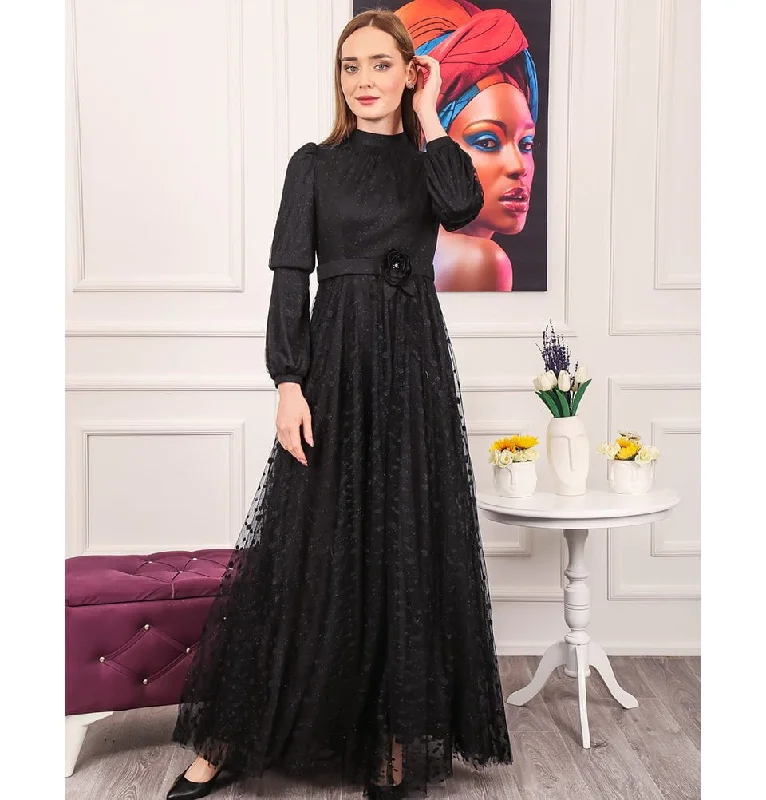 New Markdowns Modest Formal Polka Dot Dress G461 Black