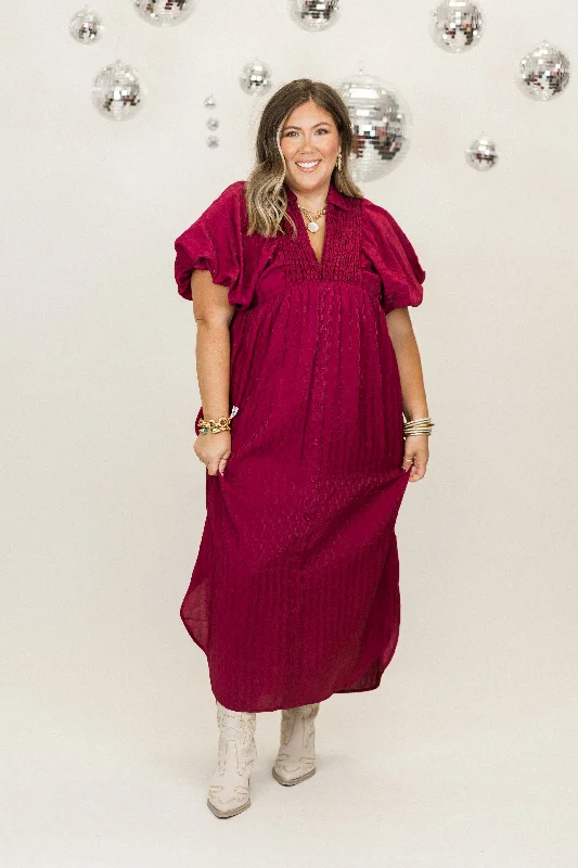 The Best Prices Plum Textured Puff Sleeve Button Down Midi Dress