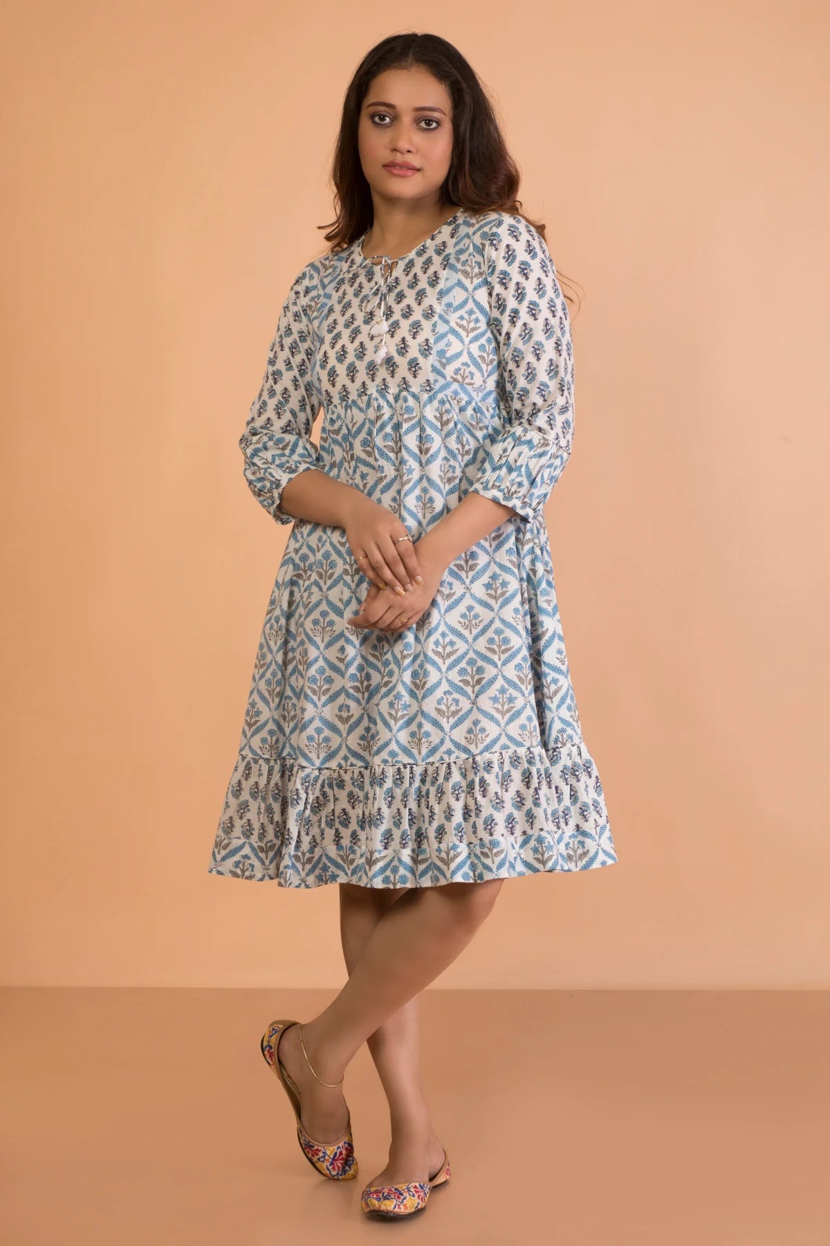 Year-End Sale Double Print Rich Blue Hand Block Printed Flared Dress