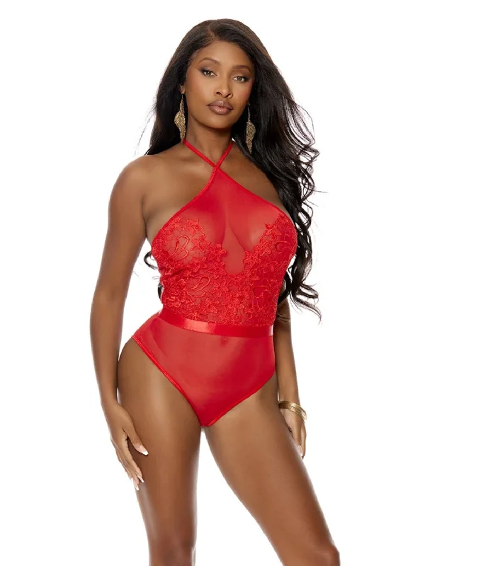 Fantastic Offers Elegant Moments EM-77154 Embroidered mesh slip on teddy with halter neck in Red