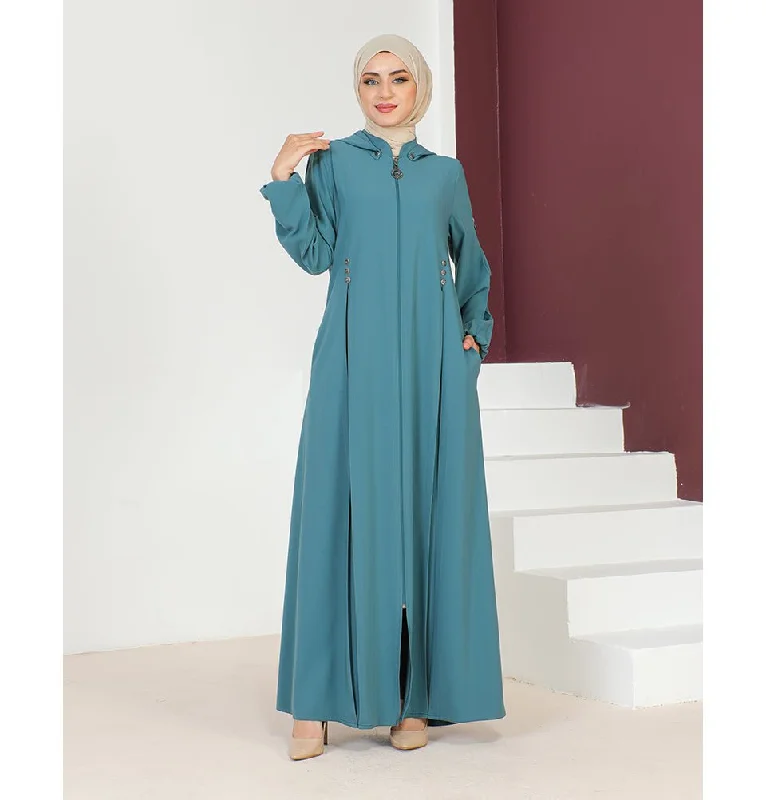 Buy Now Modest Muslim Woman Detachable Hood Zip Up Abaya - 1132 Turquoise