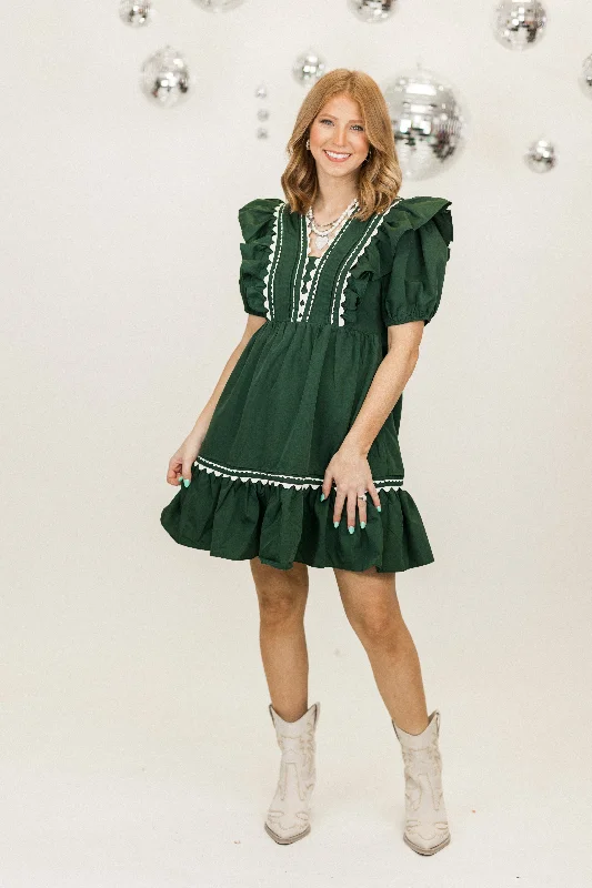 Extra Savings Forest Puff Sleeve V Neck Ruffled Mini Dress