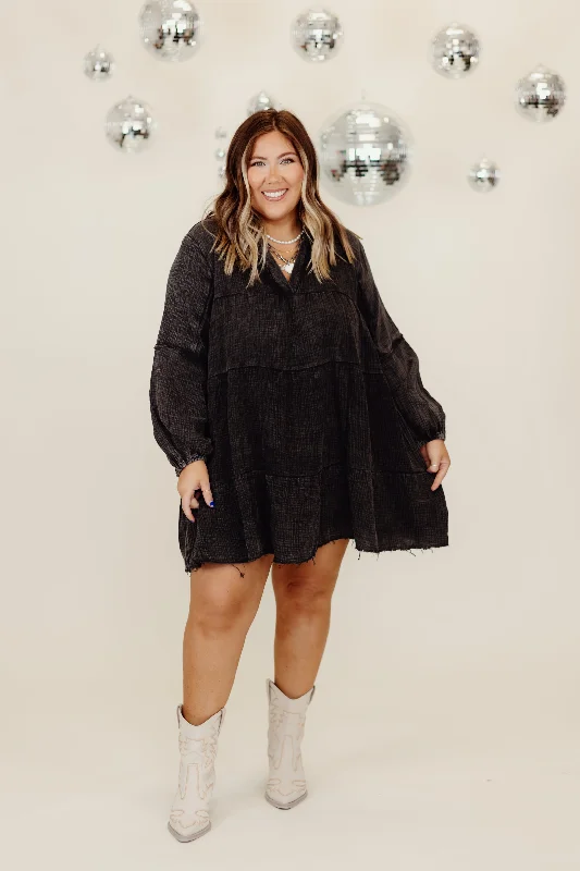 Price Meltdown Black Crinkle Gauze Long Sleeve V-Neck Dress