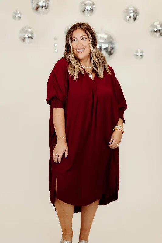 Crazy Savings Wine 3/4 Sleeve Oversized High Low Hem Dress