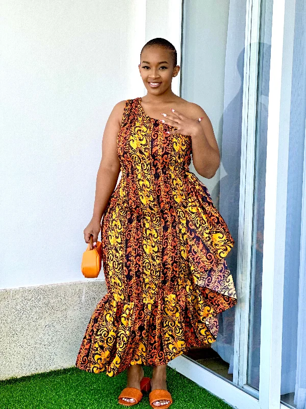 Incredible Offers Cess Women's African Print One-Shoulder Ruffle Dress - Orange