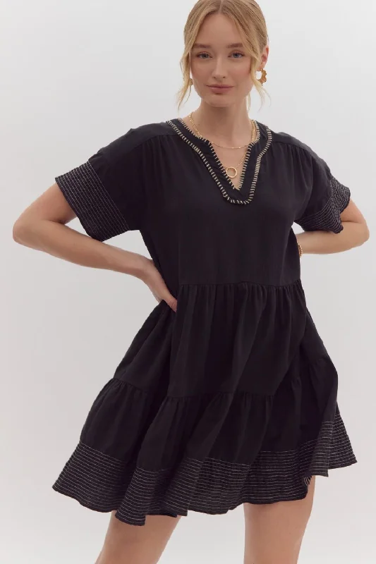 Special Savings Tiered Short Sleeve V-Neck Dress - Black