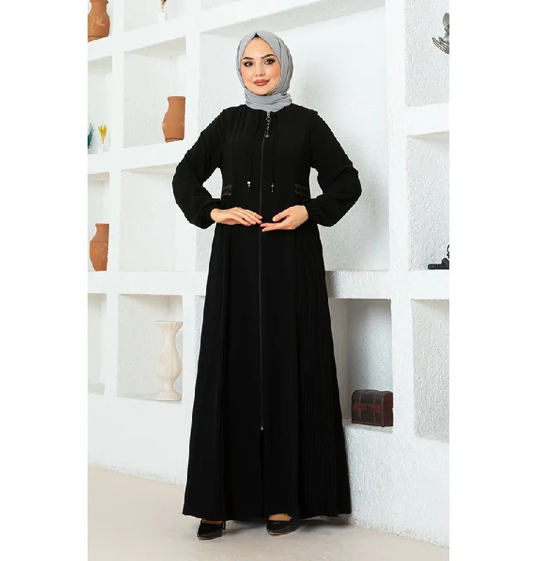 Value Deals Modest Muslim Woman Pleated Zip Up Abaya - 1114 Black