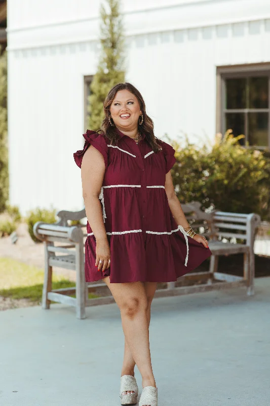 Blowout Sale Merlot Tiered Flutter Sleeve Button Down Dress