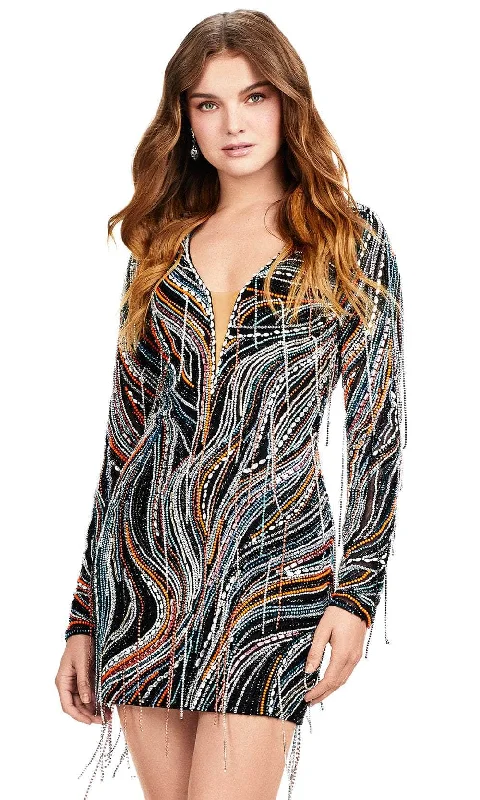 Limited Availability Ashley Lauren 4658 - Long Sleeve Beaded Fringe Cocktail Dress