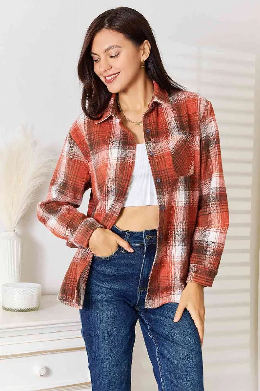 Steals and Deals Double Take Plaid Collared Neck Long Sleeve Shirt