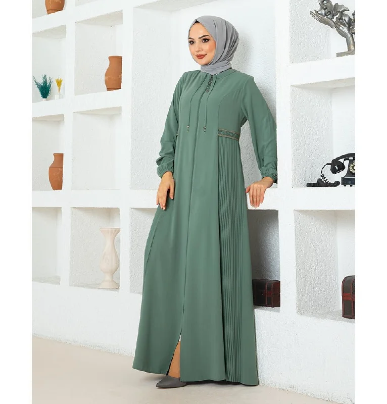 Low Prices Modest Muslim Woman Pleated Zip Up Abaya - 1114 Water Green