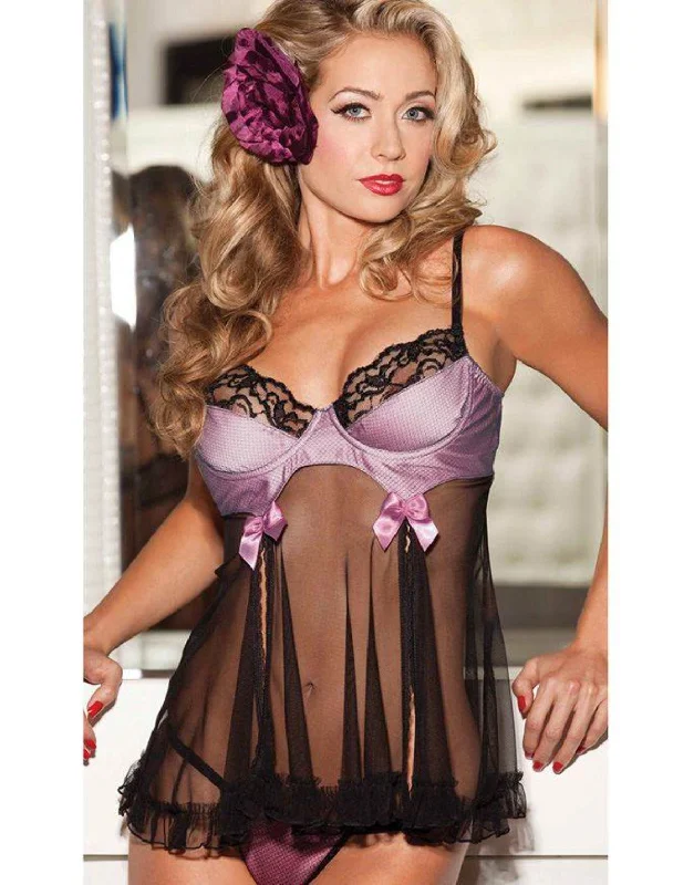 Final Clearance Satin Boutique IS-R77744 Cute Babydoll of Purple satin and sheer mesh, Reg $30