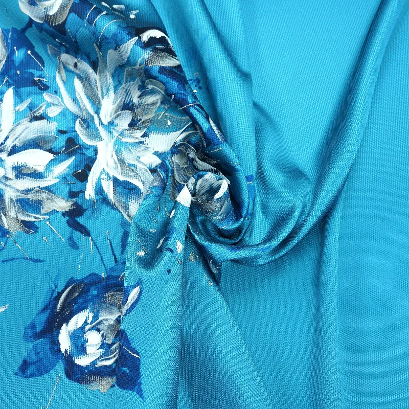 Time-Limited Offer Large White and Blue Florals on Aqua Background Printed Mikado Pique Fabric