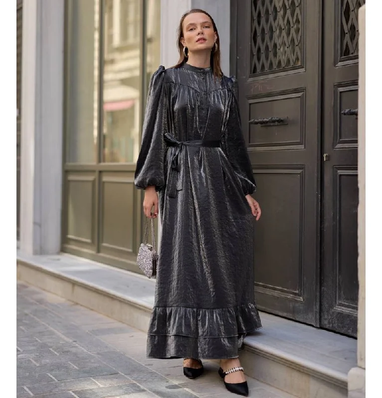 Super Sale Modest Women's Satin Dress 24559 - Black
