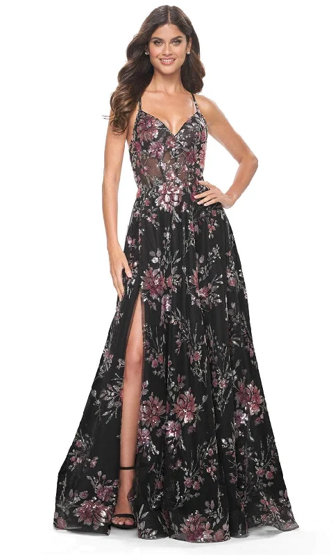 Clearance Event La Femme 32031 - V-Neck Floral Sequin Prom Gown