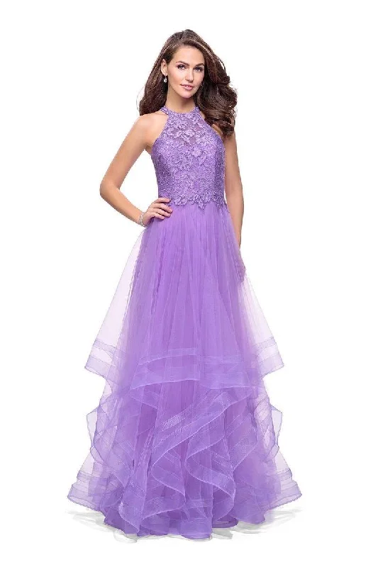 Stock Clearance La Femme - 25671 High Halter Lace Bodice Tiered Tulle Gown