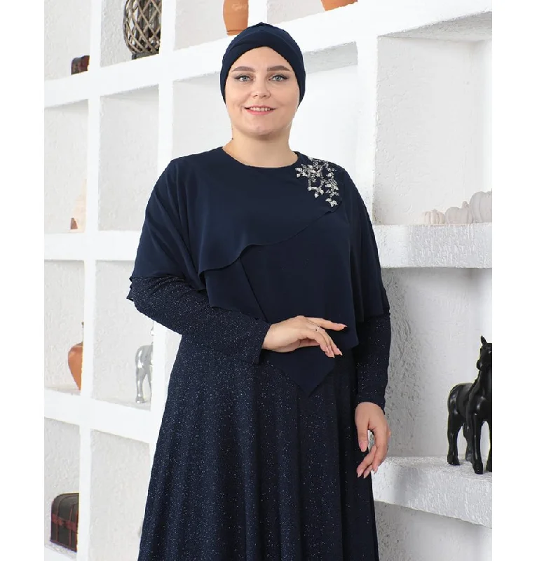 Price Reduction Modest Muslim Women’s Embellished Elegant Draped Sleeve Evening Dress - G571 Navy Blue