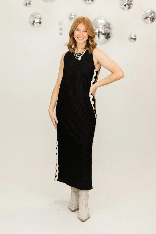 Deal Mania Black Ric Rac Trim Ribbed Sleeveless Midi Dress