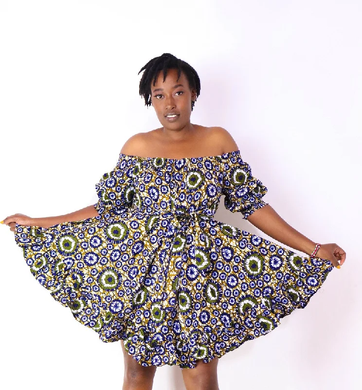 Price Meltdown Nigist Women's African Print off shoulder Free Flowing Dress (Blue)