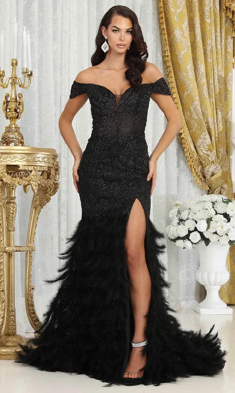 Clearance Event May Queen RQ8093 - Off Shoulder Feather Skirt Prom Gown