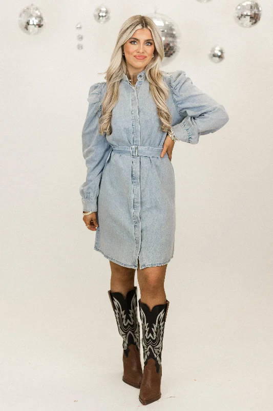Massive Deals Karlie Blue Denim Puff Sleeve Belted Dress