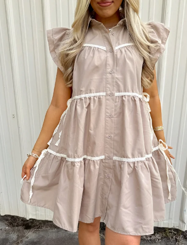 Members Only Mocha Tiered Flutter Sleeve Button Down Dress