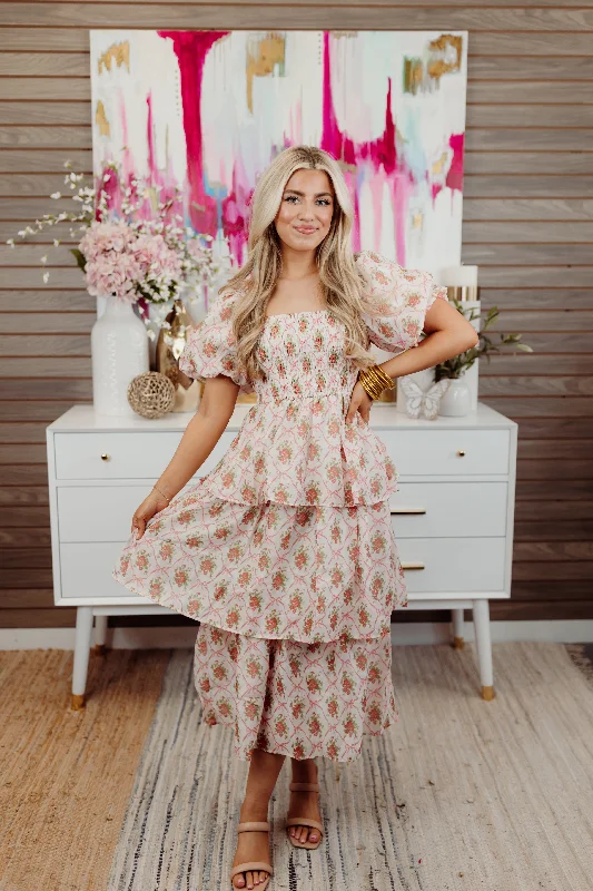 Limited Time Discount Ivory/Red Multi Bow and Rose Tiered Midi Dress