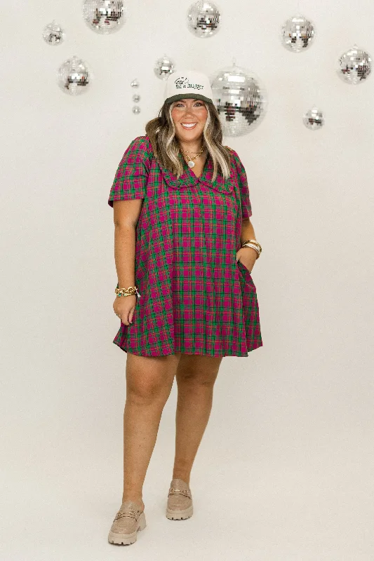 Big Discounts Magenta Plaid Short Sleeve Overlay Collar Mini Dress
