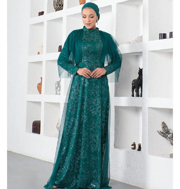 Hurry In Modest Formal Shimmery Leaf Dress G624 Emerald