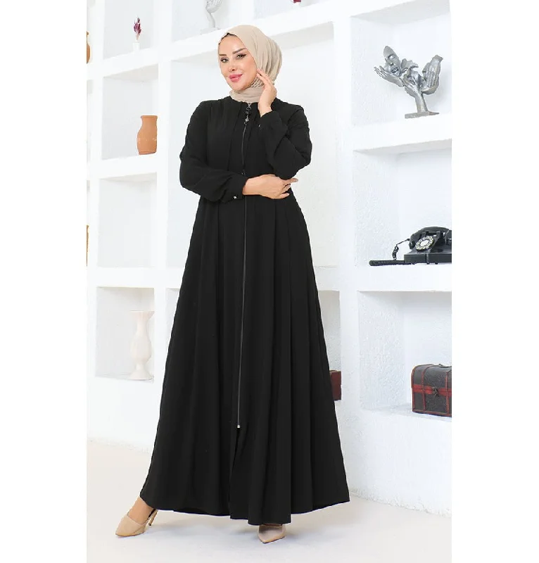 Discount Mania Modest Muslim Woman Pearled Twist Zip Up Abaya - 1113 Black