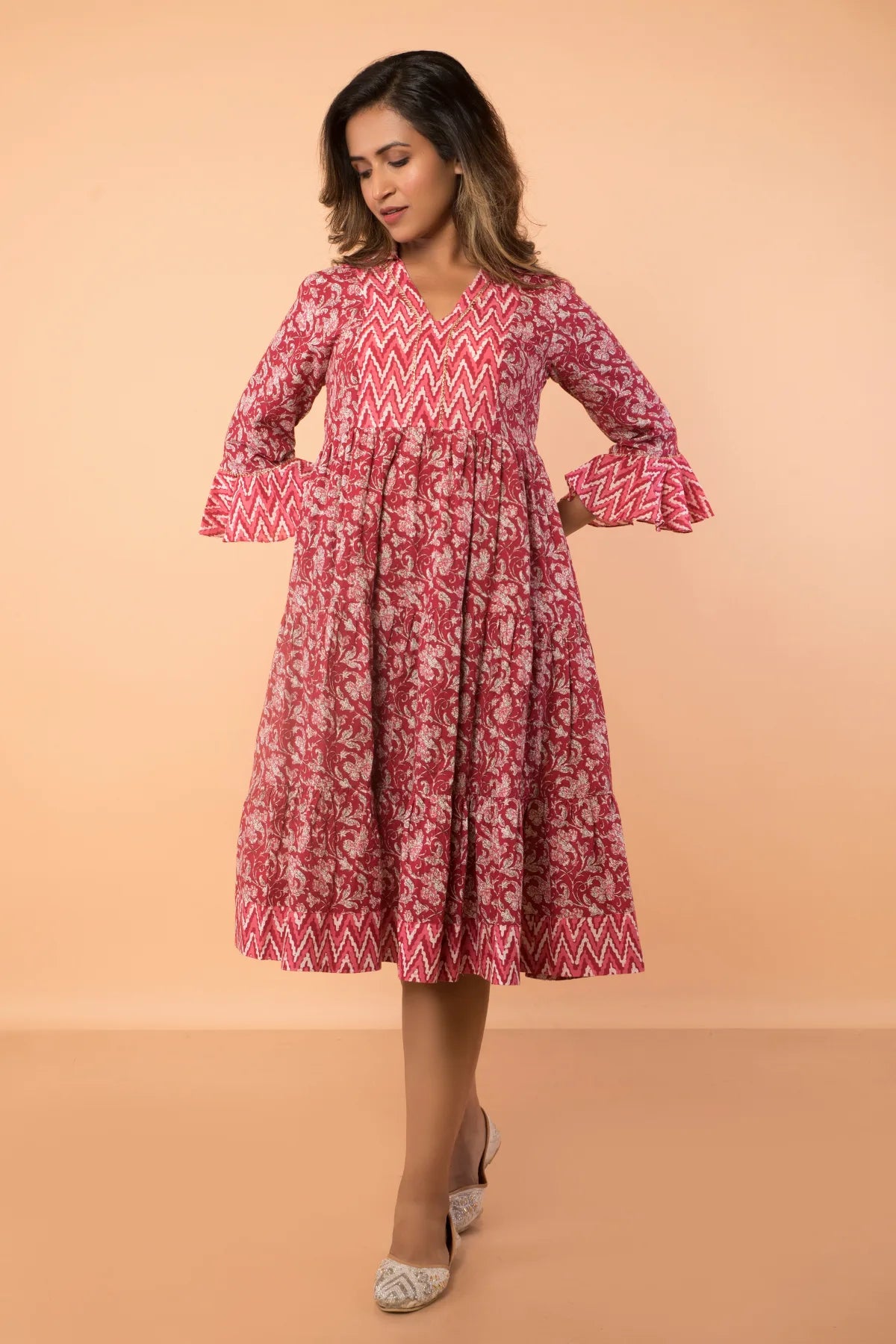Buy More, Save More Cherry Floral Print Flared Sleeved Dress With Collar
