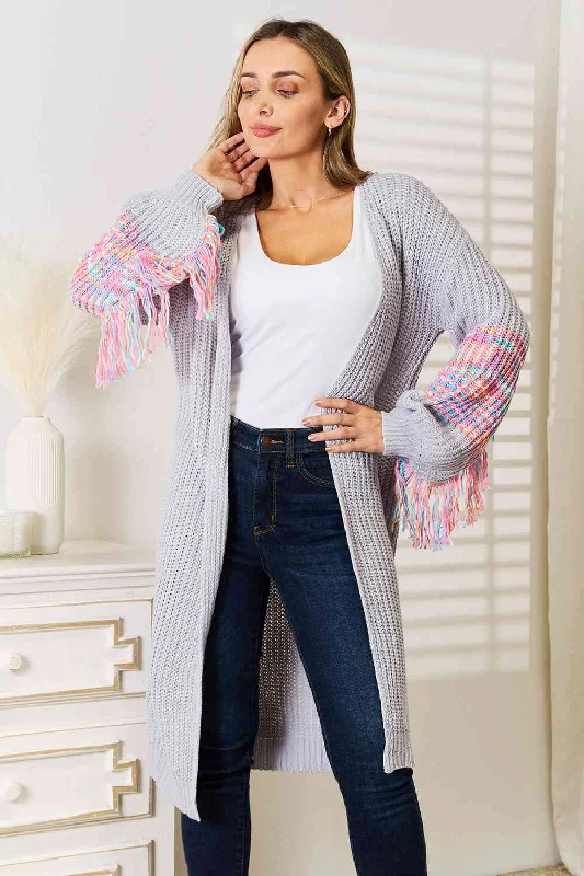 Bargain Bin Woven Right Fringe Sleeve Dropped Shoulder Cardigan