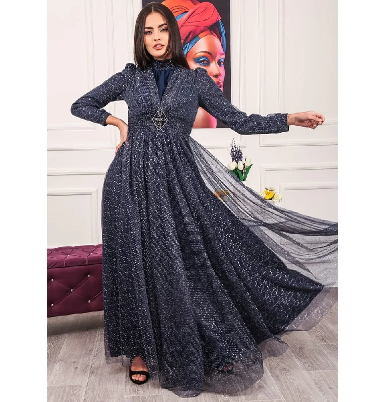 Markdown Madness Modest Formal Shimmery Dress G453 Navy Blue