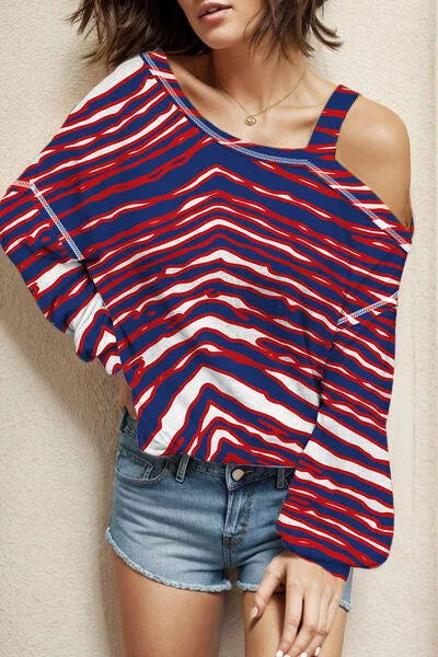 Act Now Striped Asymmetrical Neck Long Sleeve T-Shirt