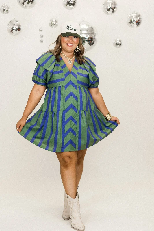 Stock Up and Save Green Multi Mix Striped Puff Sleeve Mini Dress