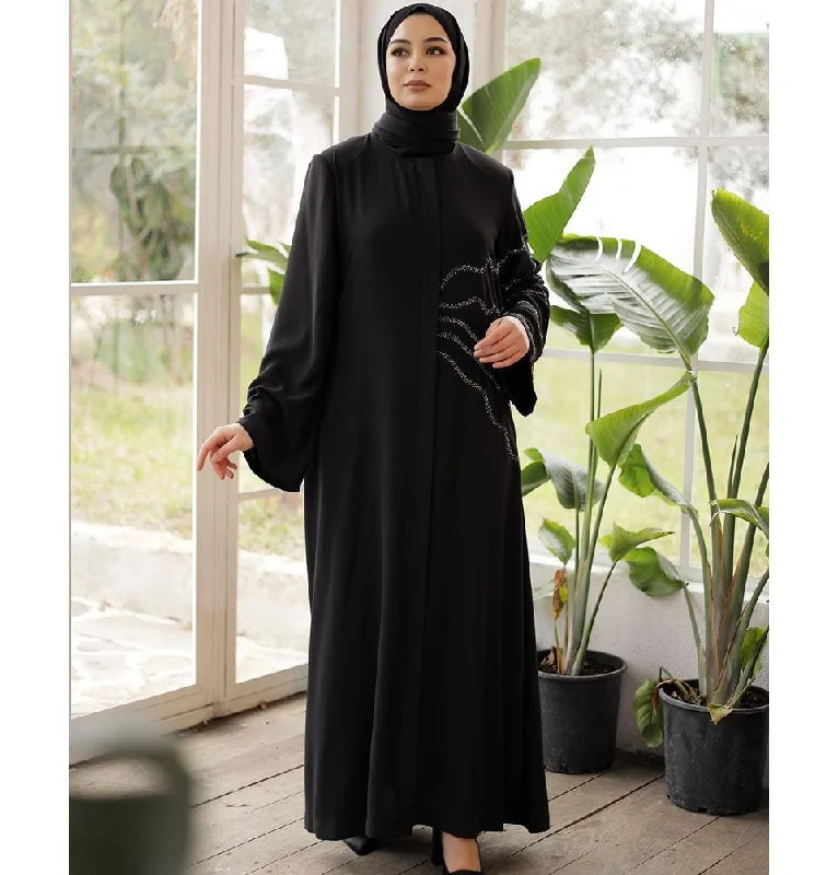 Special Savings Modest Muslim Woman's Stoned Ripples Abaya - 36150 Black