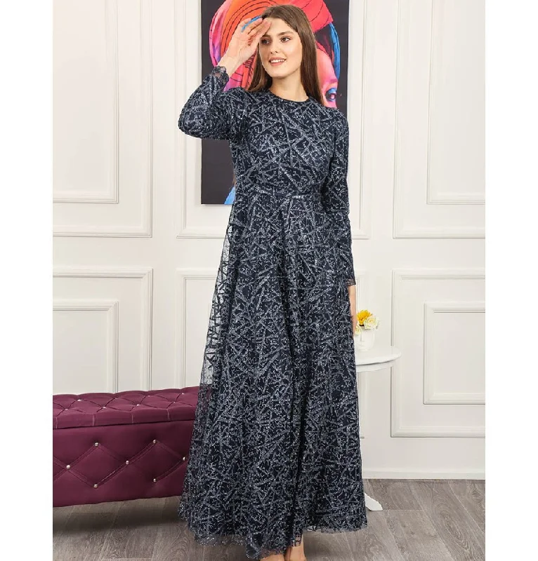 Weekend Deal Modest Formal Glittery Abstract Dress 508 Navy Blue