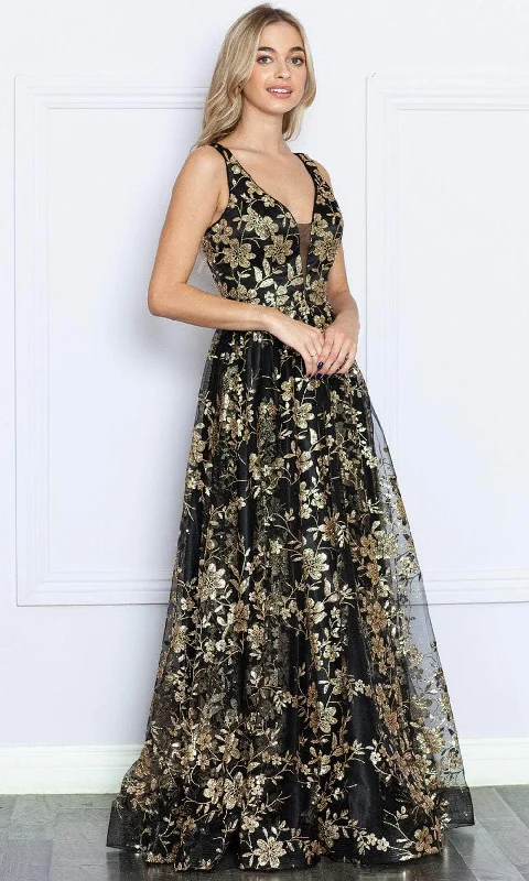 Super Sale Poly USA 9298 - V-Neck Floral Prom Dress