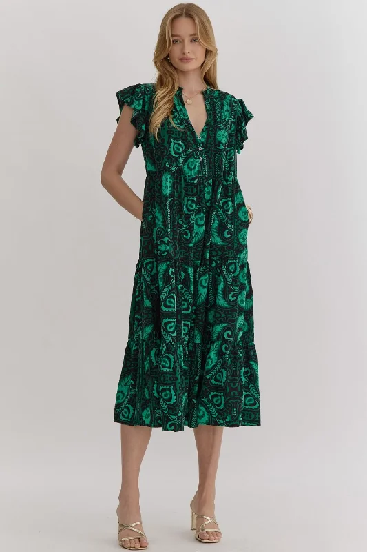 Clearance Sale Printed Ruffle Sleeved Midi Dress - Green