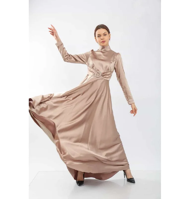 Hurry In Modest Formal Satin Dress G459 Beige