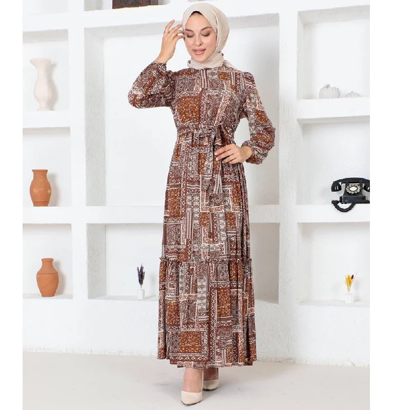 Steals and Deals Modest Muslim Women's Boho Patchwork Long Sleeve Dress - 9346 Quilt Brown Steals and Deals Modest Muslim Women's Boho Patchwork Long Sleeve Dress - 9346 Quilt Brown