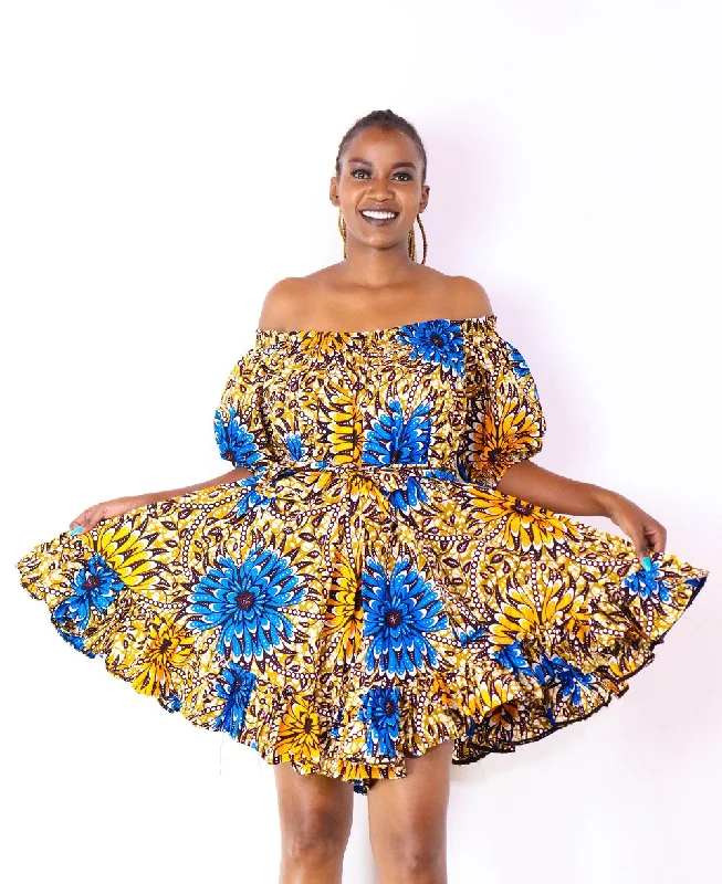Deal Zone Nigist Women's African Print off shoulder Free Flowing Dress (Floral)