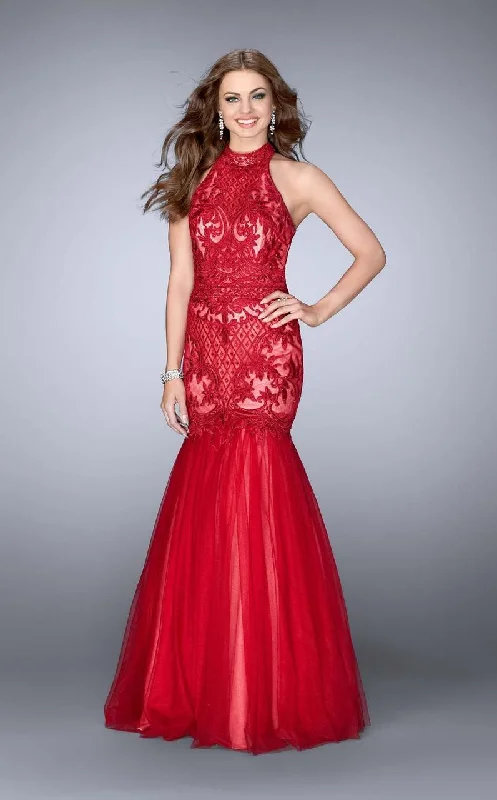 Blowout Deals La Femme Gigi - 24394 High Halter Embroidered Mermaid Gown