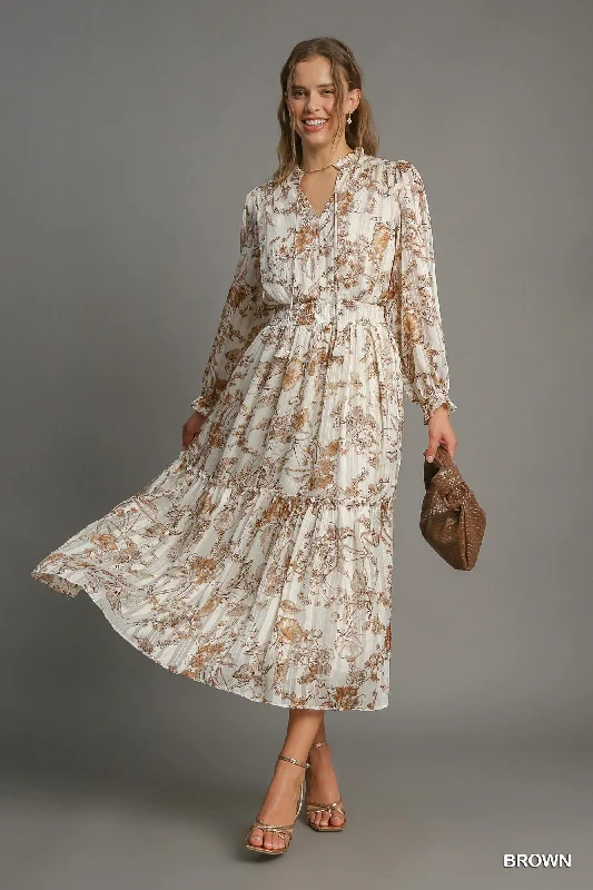 Warehouse Sale Lurex Floral Print Midi Dress - Brown
