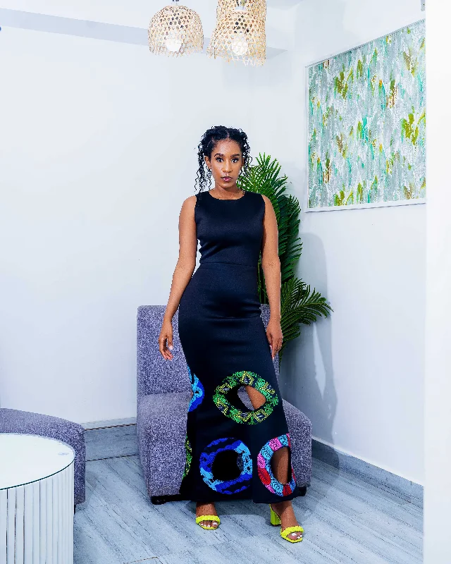 Reduced Prices Olu Black Fitting Maxi Dress with African Fabric Accents