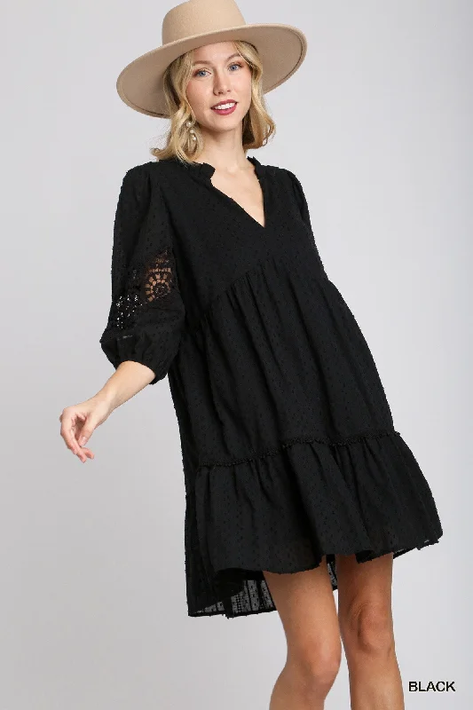 Price Break Swiss Dot & Lace Trim Dress - Black