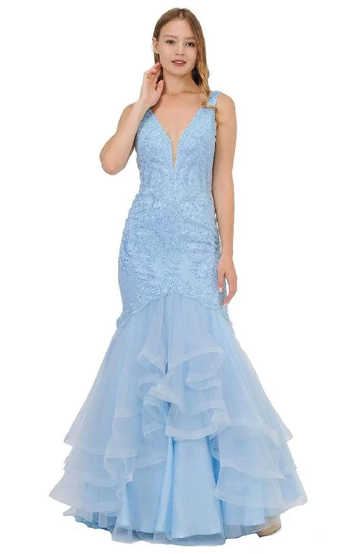 Big Discounts Poly USA - 8320 Embroidered Deep V-neck Tulle Mermaid Dress