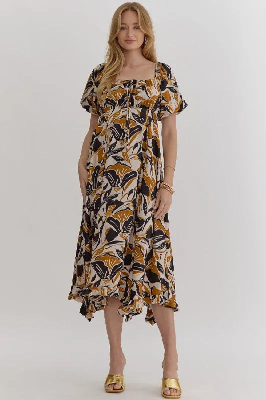 Price Drop Leaf Print Bubble Sleeve Midi Dress - Black