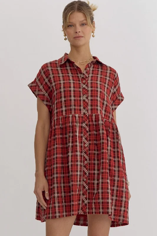 Weekend Flash Sale Plaid Button Down Mini Dress - Red