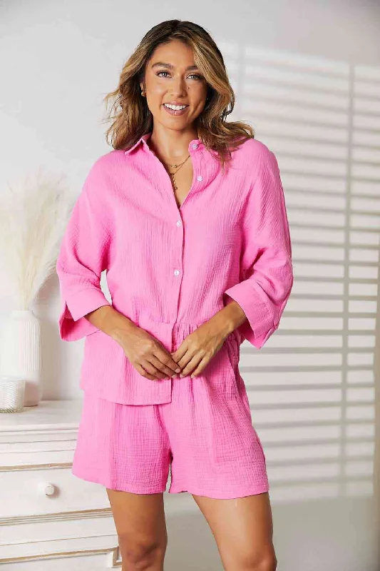 Instant Discount Double Take Textured Shirt and Elastic Waist Shorts with Pockets